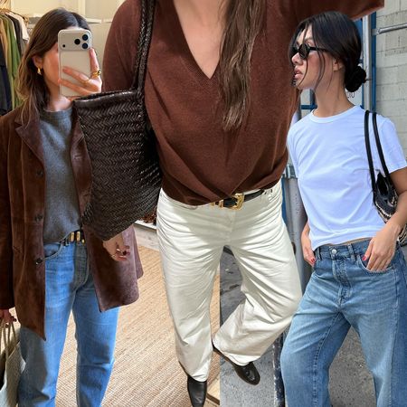fashion collage of style influencers wearing chic 2026 outfits with jeans, loafers, T-shirts, suede jackets, woven bags, and more cool basics