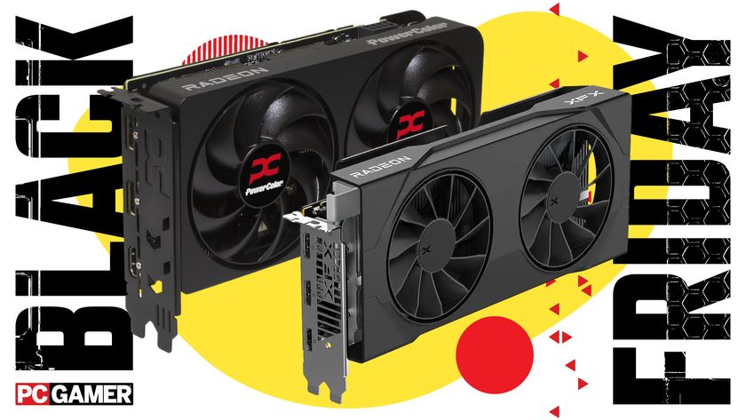 An image showing a pair of Radeon graphics cards from PowerColor and XFX, against a colorful background with a set of Black Friday and PC Gamer logos on the sides