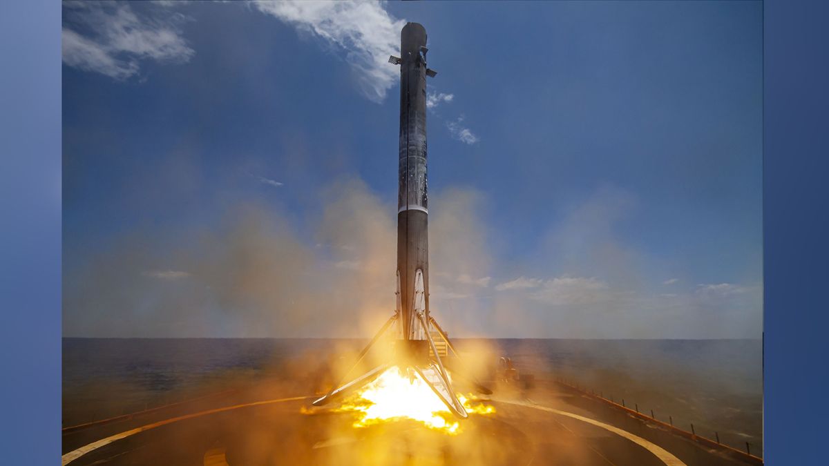 A SpaceX Falcon 9 rocket comes in for a stunning landing on a drone ship after launching the GPS III SV05 satellite for the U.S. Space Force on June 17, 2021.