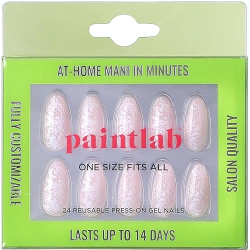 Paintlab Press-On Nails Manicure Kit, Beige Lace, 30-Piece Set, Long-Lasting Fake Nails With Glue, File, Prep Pad &amp;amp; Cuticle Stick