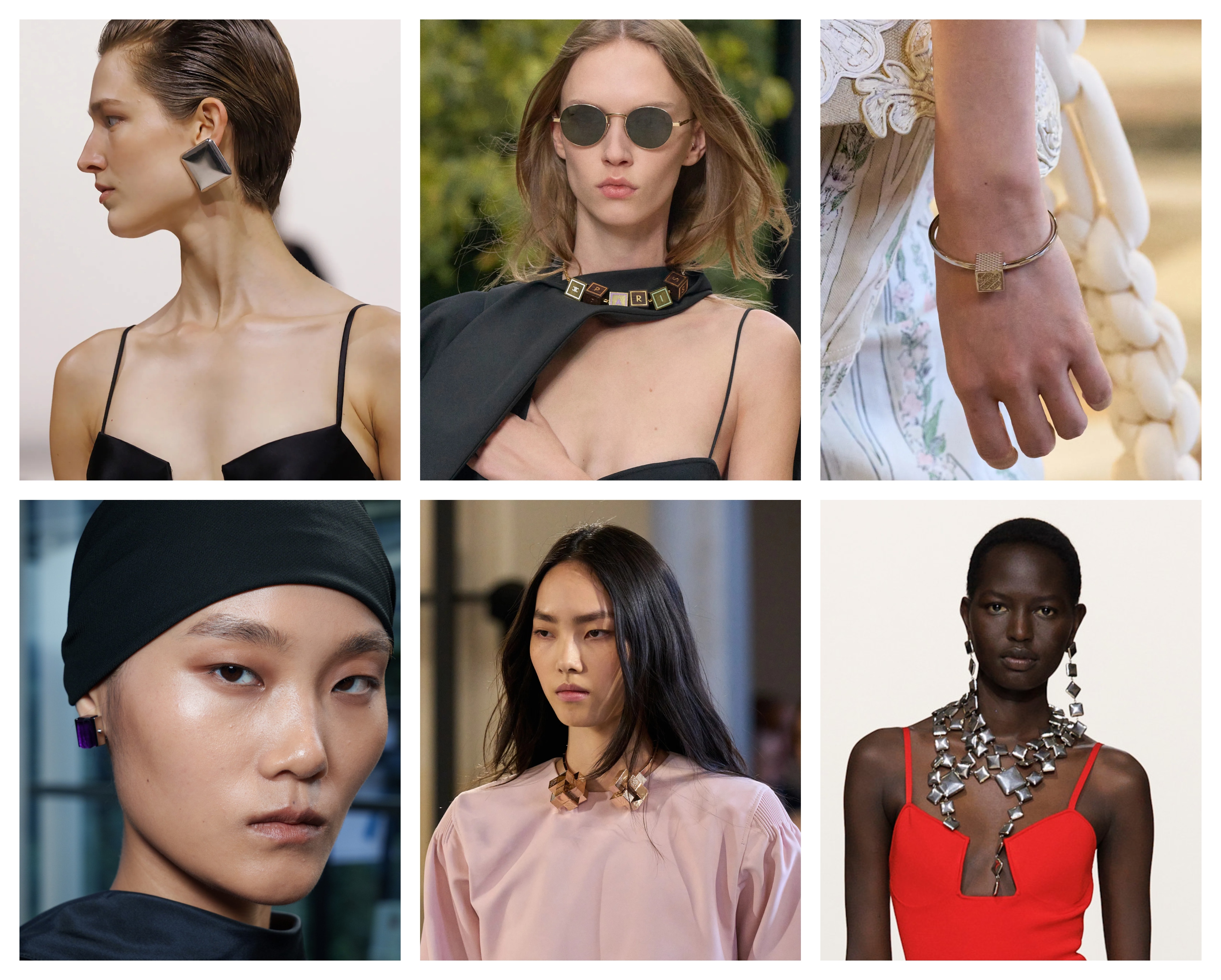 spring jewelry trends 2026, square jewelry at Givenchy, Celine, Louis Vuitton, and Lanvin