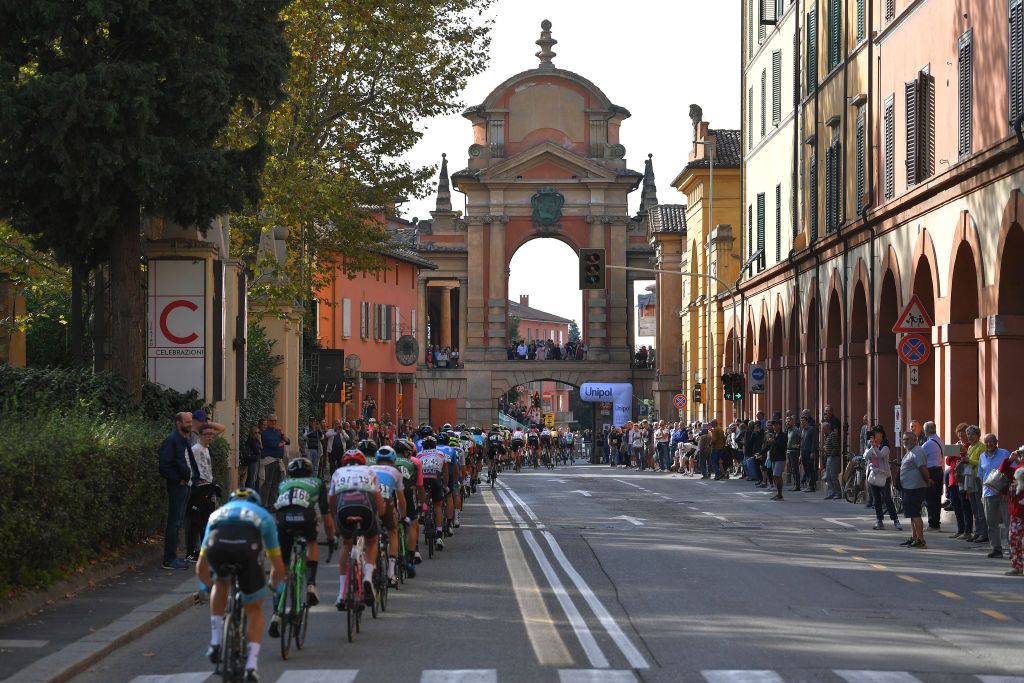 A rear view of the peloton in Bologna