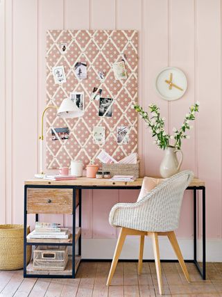 Pink craft room with a fabric noticeboard