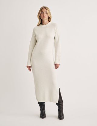 Cream Crew Neck Knitted Midi Jumper Dress