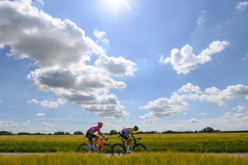 NYBORG DENMARK JULY 02 LR Magnus Cort Nielsen of Denmark and Team EF Education Easypost and Sven Erik Bystrom of Norway and Team Intermarch Wanty Gobert Matriaux compete in the breakaway during the 109th Tour de France 2022 Stage 2 a 2022km stage from Roskilde to Nyborg TDF2022 WorldTour on July 02 2022 in Nyborg Denmark Photo by Tim de WaeleGetty Images