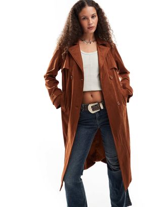 Emory Park Belted Faux Suede Trench Coat in Chestnut