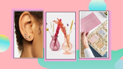 A cover image with a photo of earrings, two ases and an afternoon tea gift box in three vertical portrait boxes for the gifts for Virgos guide. 