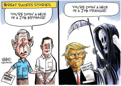 Political Cartoon U.S. Trump coronavirus deaths George W Bush Katrina Brownie