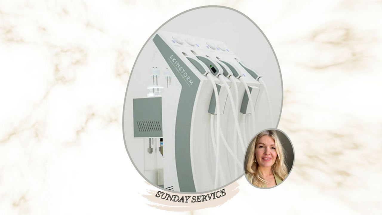 An image of beauty editor Fiona McKim next to an image of the skinstorm facial device, with various attachments and wires