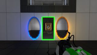 Three portals, one blue, one orange, and one green