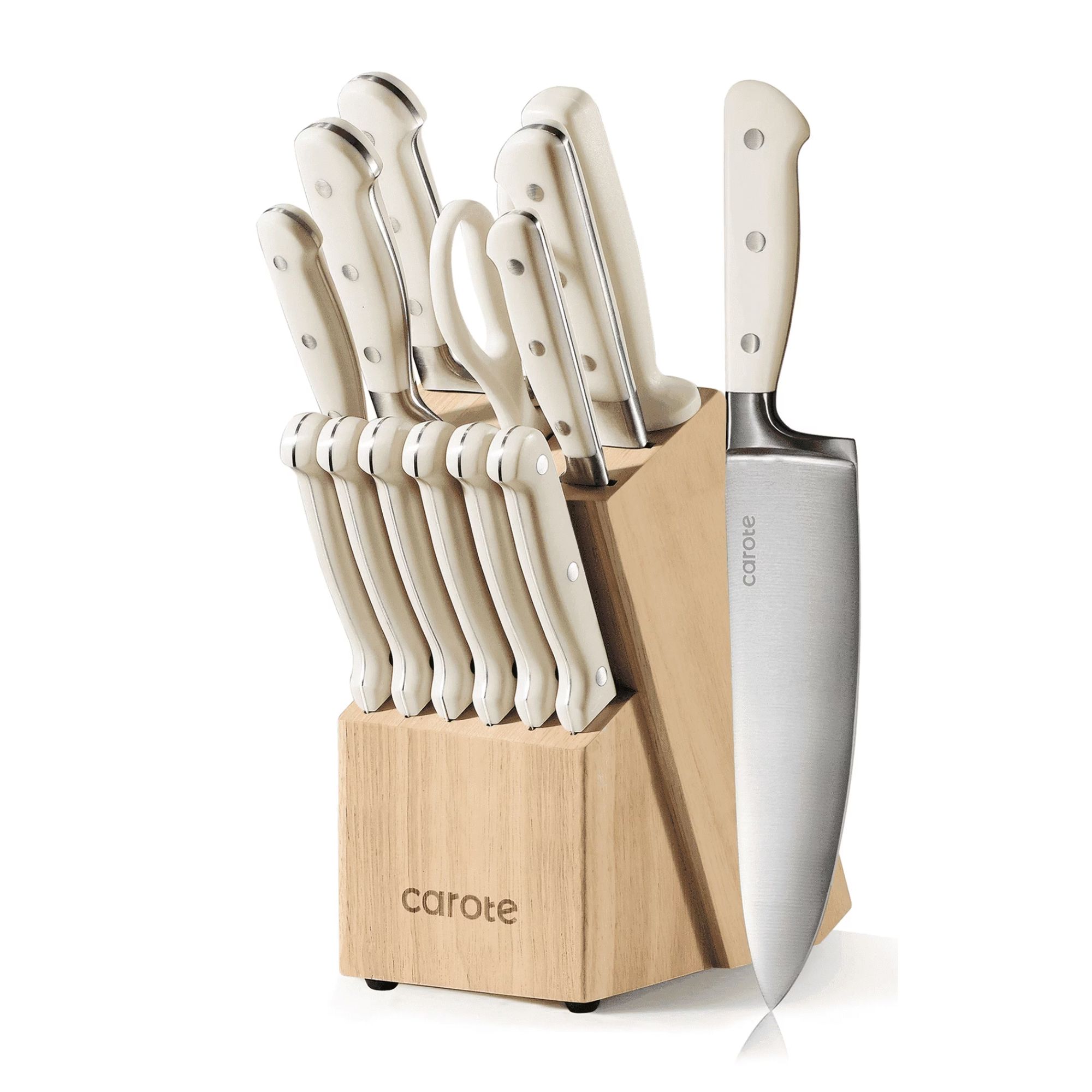 Wooden knife block filled with white handled knives