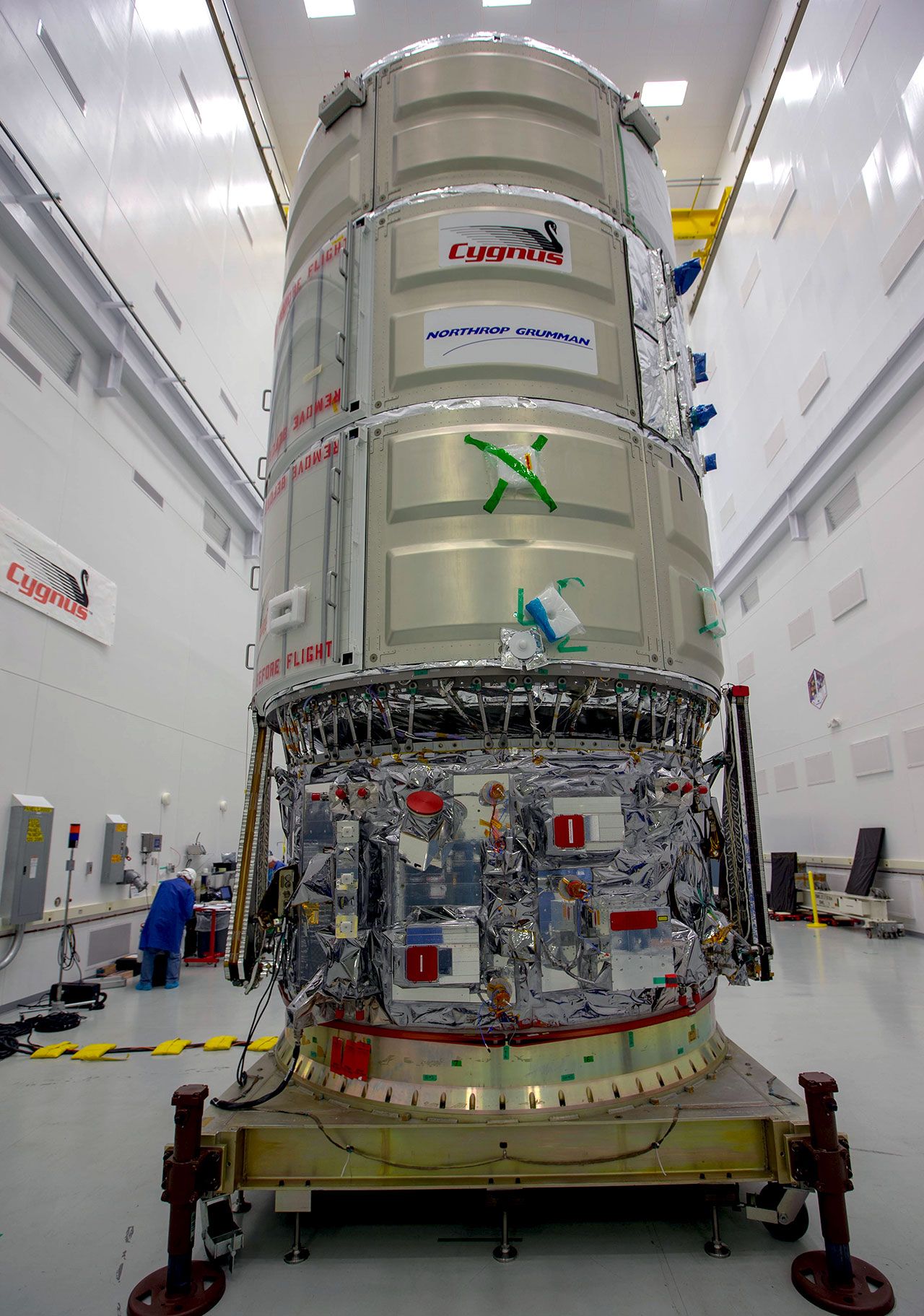 Northrop Grumman's 12th Cygnus cargo resupply ship, christened the "S.S. Alan Bean" in honor of the Apollo 12 astronaut, stands ready for mating to a Northrop Grumman Antares rocket at NASA's Wallops Flight Facility in Virginia.
