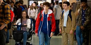 Nasim Pedrad dressed as 14-year-old Chad in the high school hallway