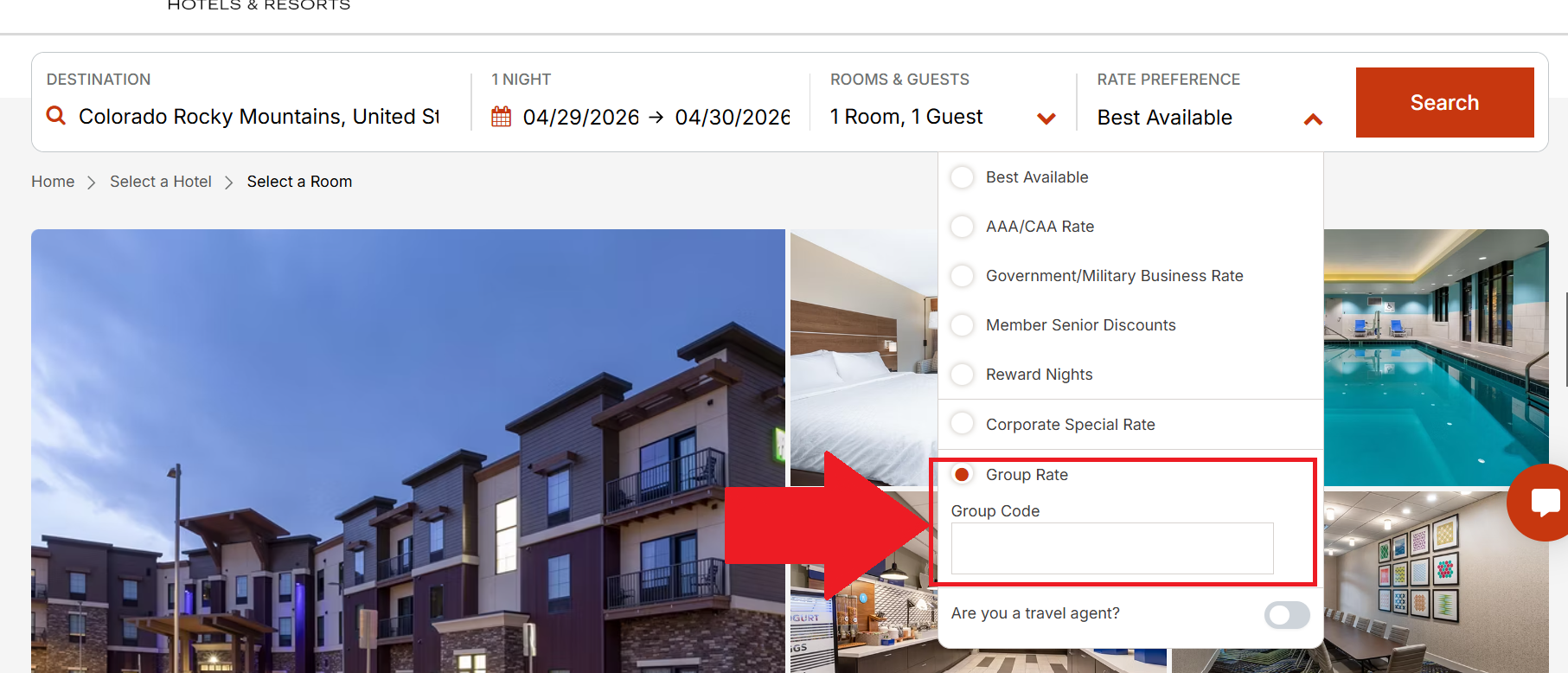A screenshot of the IHG hotels page showing where to enter a coupon code