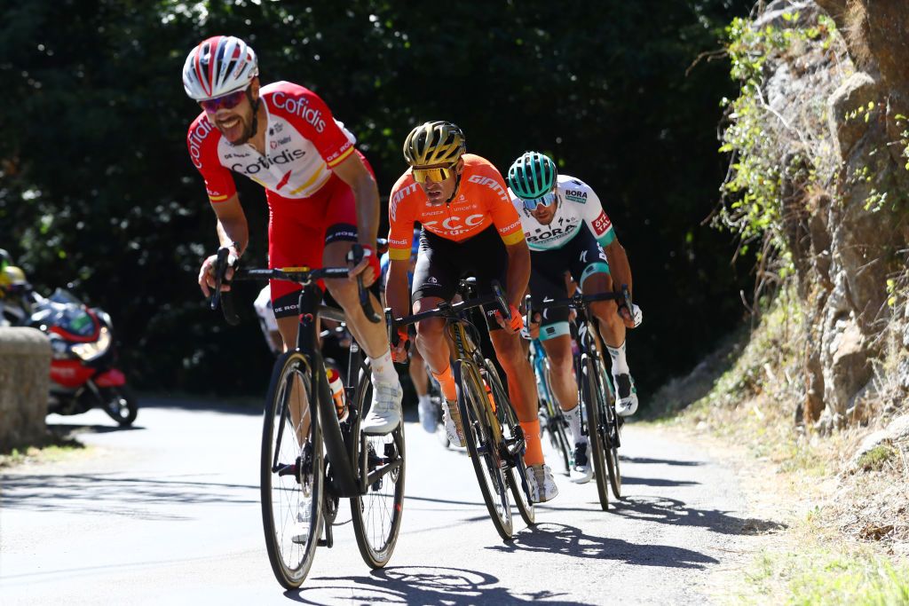 GARD FRANCE SEPTEMBER 03 Jesus Herrada Lopez of Spain and Team Cofidis Solutions Credits Greg Van Avermaet of Belgium and CCC Team Daniel Oss of Italy and Team Bora Hansgrohe Breakaway during the 107th Tour de France 2020 Stage 6 a 191km stage from Le Teil to Mont AigoualGard 1560m TDF2020 LeTour on September 03 2020 in Gard France Photo by Michael SteeleGetty Images