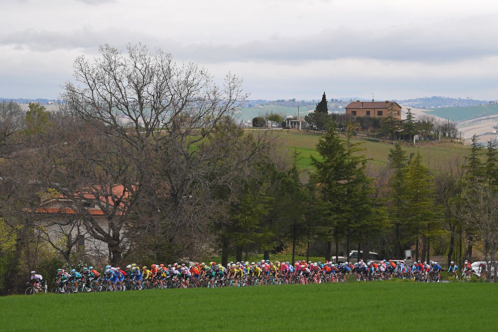 The Tirreno-Adriatico peloton in action during stage 6