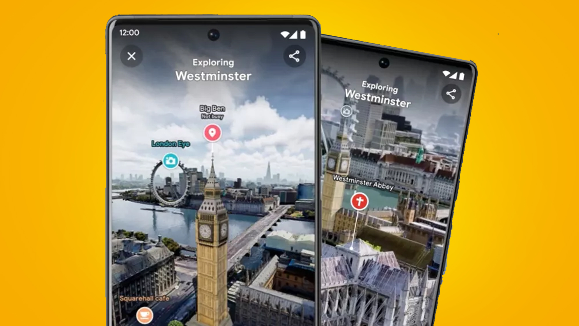 Dua ponsel dengan latar belakang oranye menampilkan Google Maps Immersive Mode