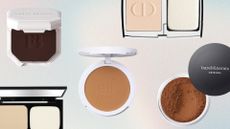 Collage of five of the best powder foundations featured in this guide from Bobbi Brown, Fenty Beauty, elf Cosmetics, Dior and bareMinerals, set against an blue and cream ombre pastel background