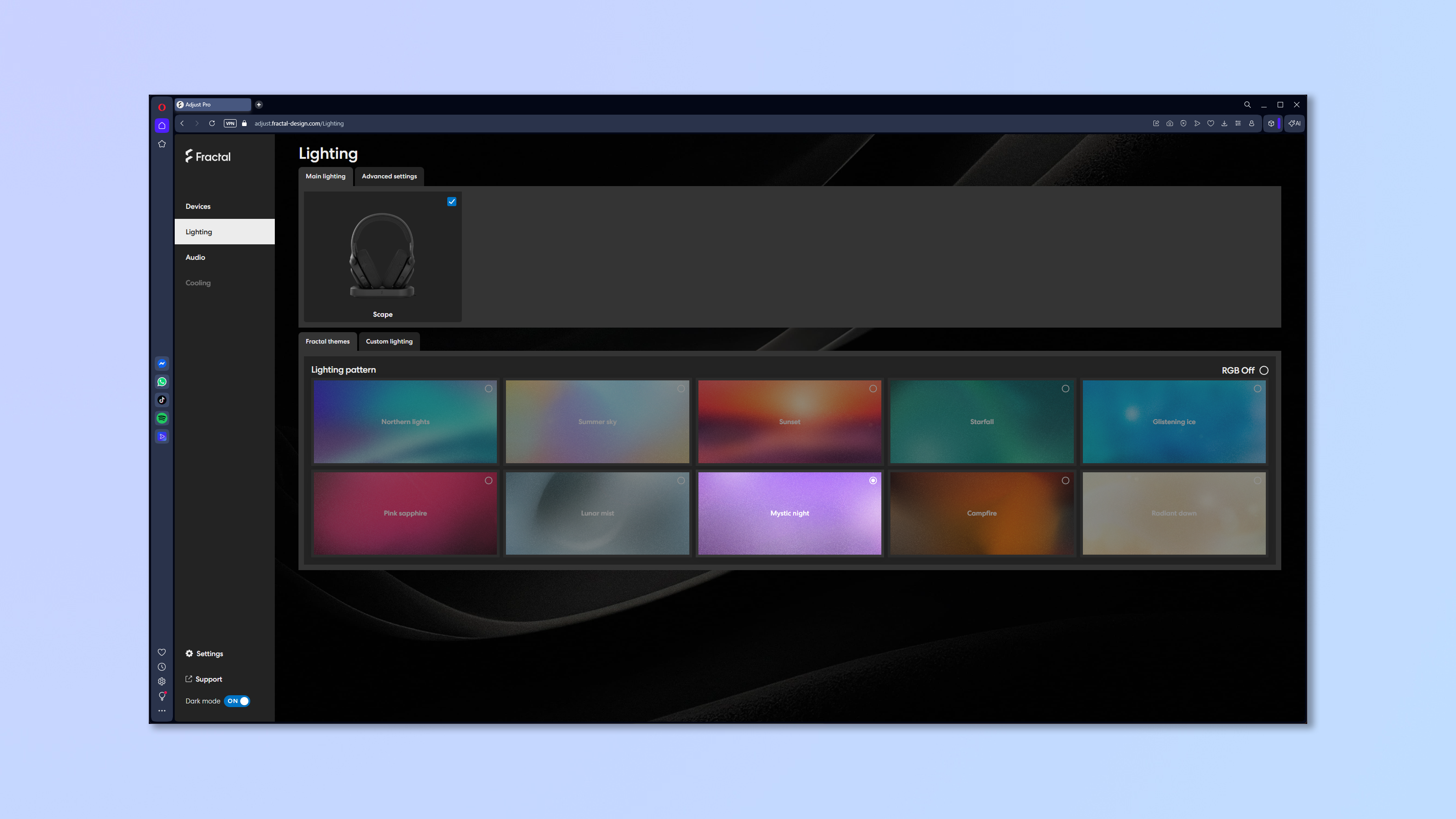 The Fractal Design Adjust Pro app in use to adjust headset lighting