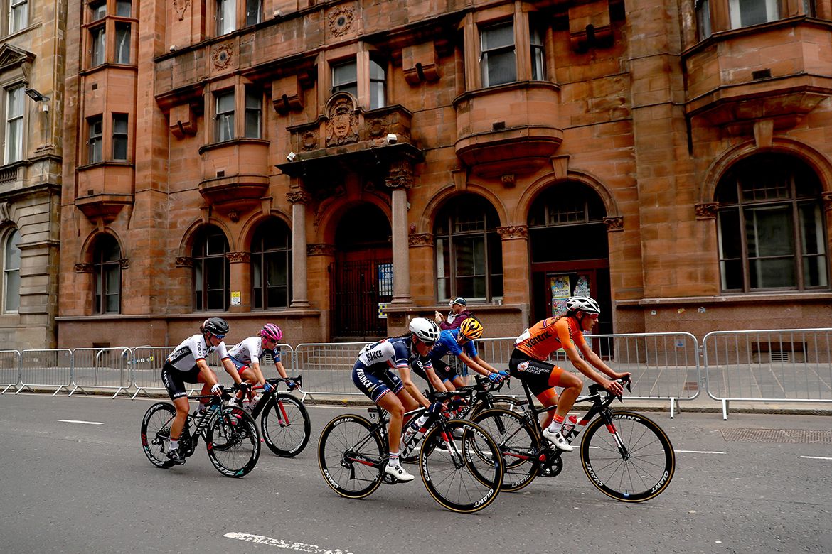 Lucinda Brand of the Netherlands leads as she competes in the Women's Road Race during the Road Cycling on Day Four of the European Championships Glasgow 2018