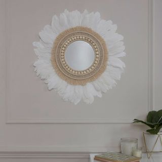 room with feather mirror on white wall and plant in white pot