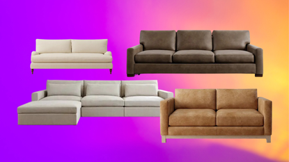 a collage of pottery barn sofas on a colorful background