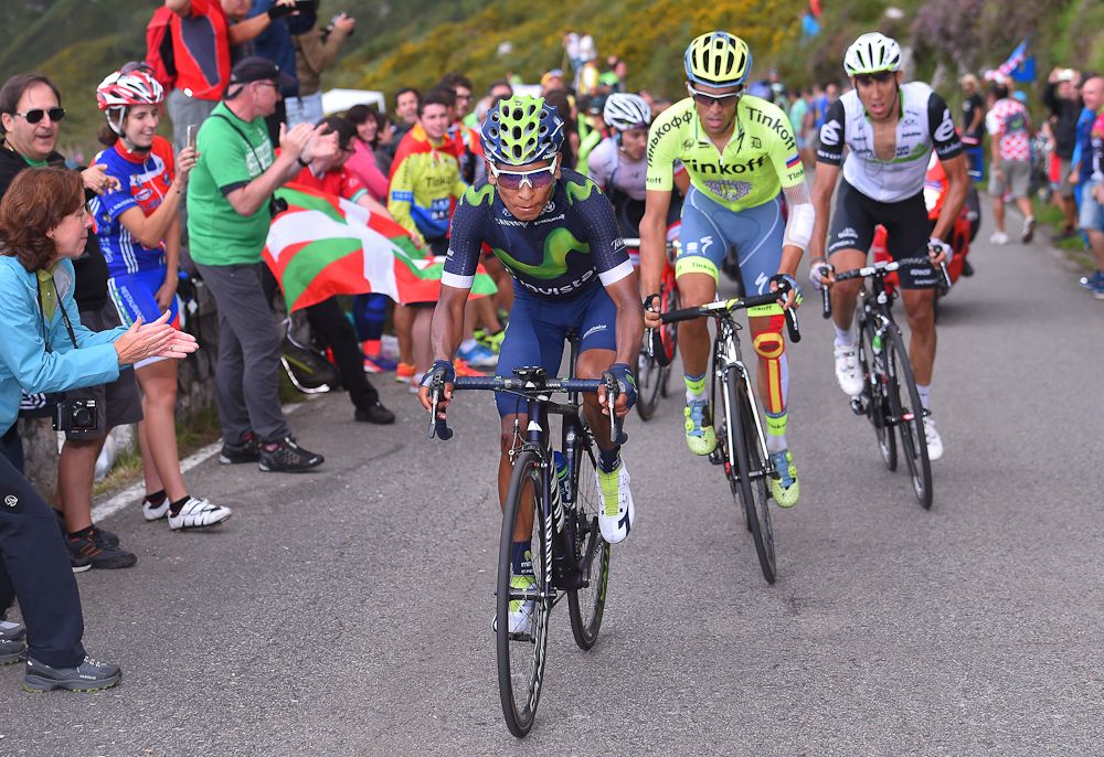 Nairo Quintana rides ahead of Alberto Contador during stage 10 at the Vuelta