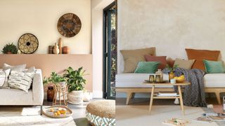 two living rooms with beige, terracotta and green