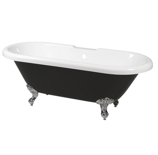 Freestanding Roll Top Bath with a black outer finish and white inner finish and silver chrome clawfoot feet