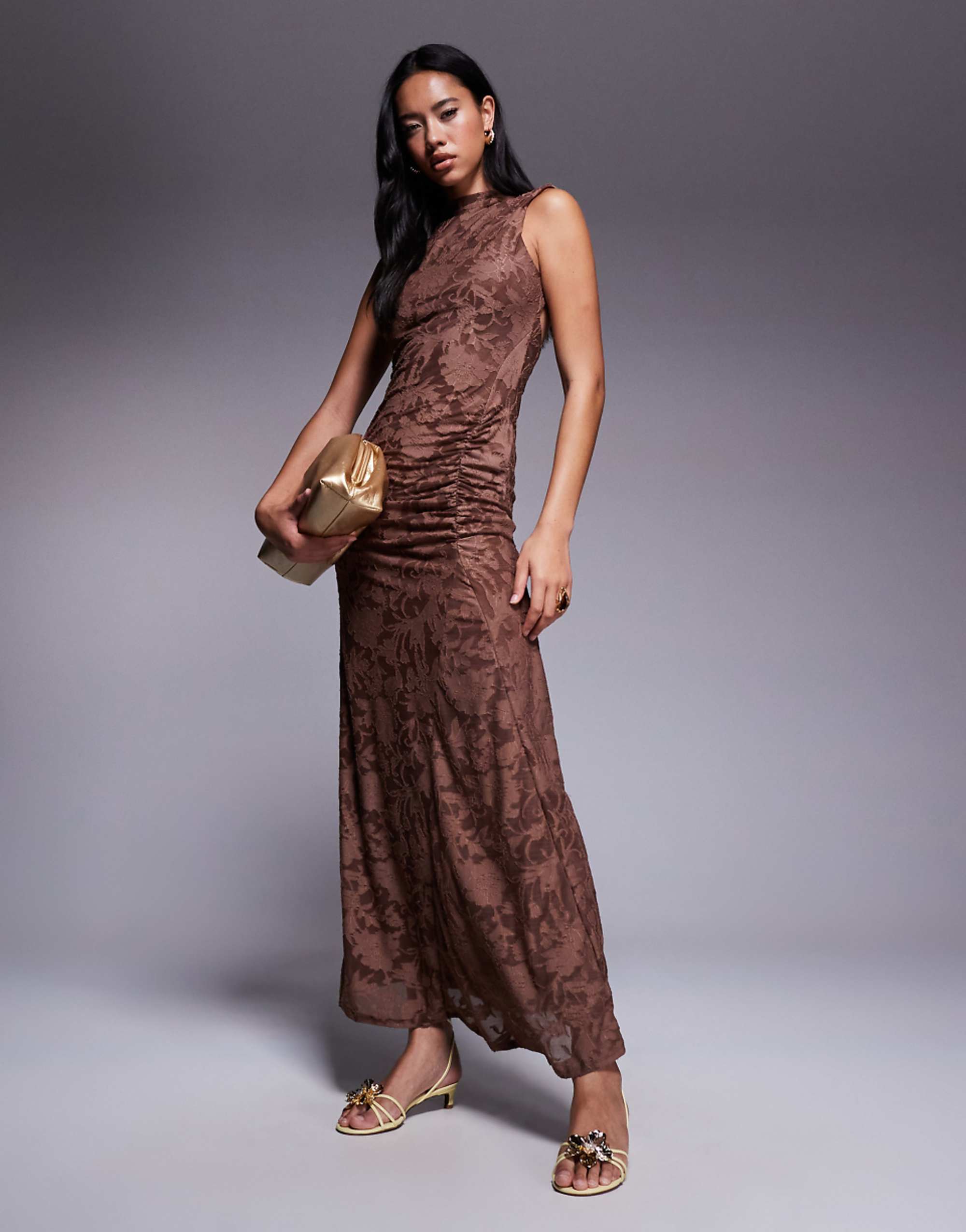 Asos Design Sleeveless With Open Back Devore Maxi Dress in Brown