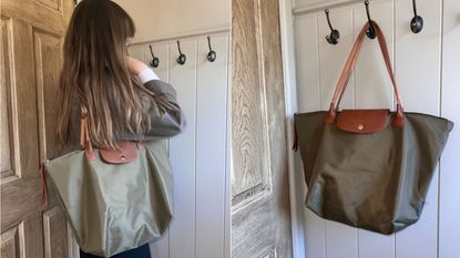 Layla Al-Ani wearing the Longchamp tote bag dupe, alongside it hanging up on show.