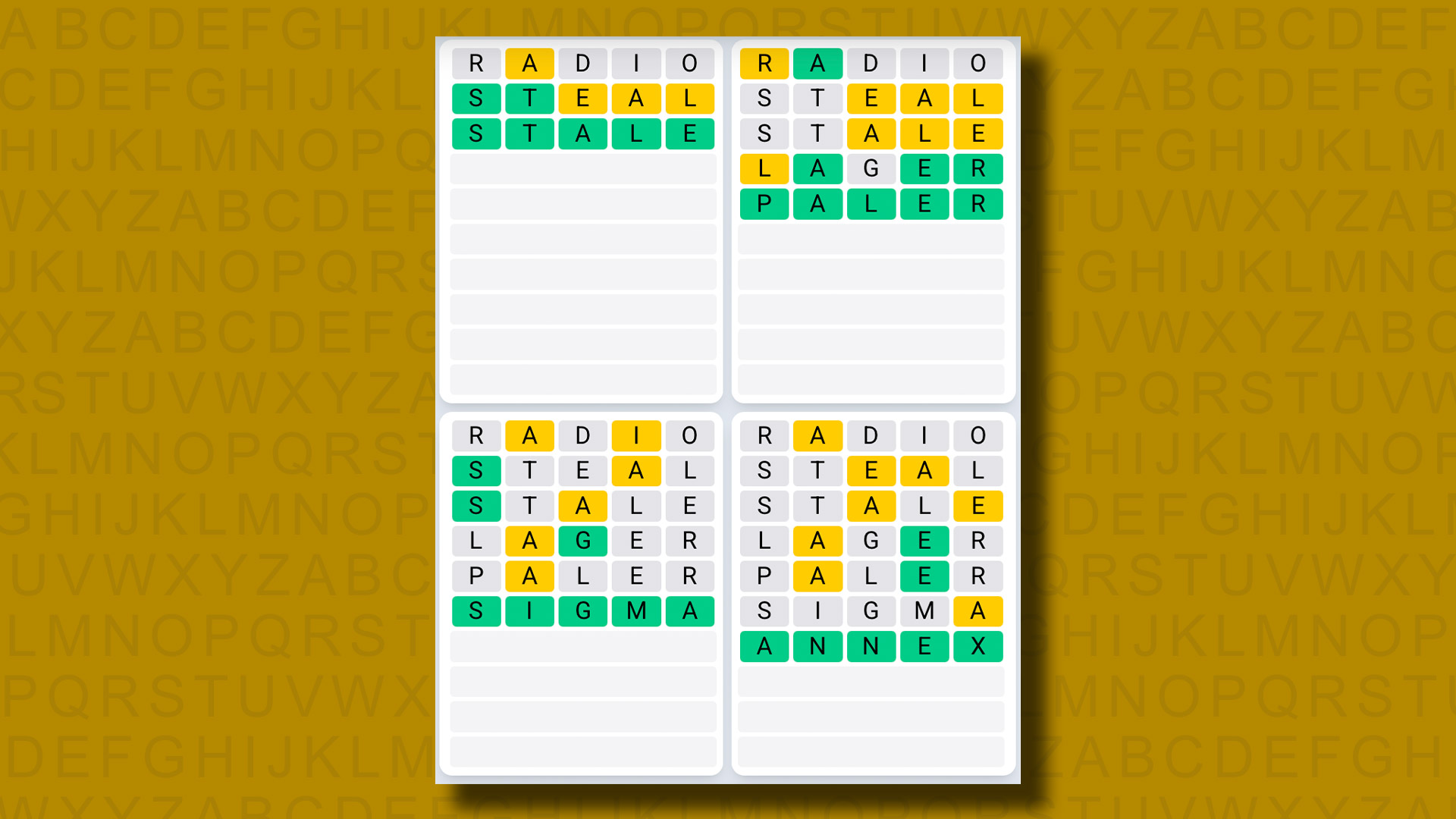 Quordle Daily Sequence answers for game 1211 on a yellow background