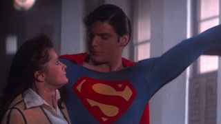 Superman holds Lois Lane and a helicopter in Superman: The Movie