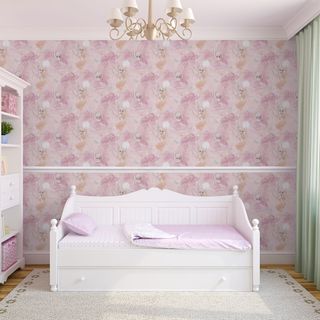 room with tinkerbell wallpaper and wooden flooring