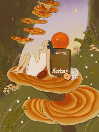 Illustration featuring woodland scene and mushrooms in nature to promote face oil
