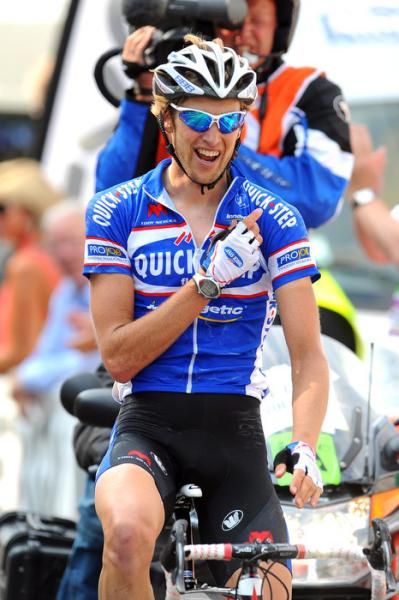 Jurgen Van De Walle (Quick Step) is a happy man after soloing to victory.