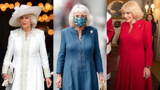 Queen Camilla wearing dresses with a similar neckline