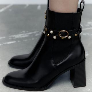 block heel boot pearl embellishment