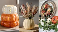 Three of the best pieces from QVC's Fall Decor: a stack pumpkin luminary, a fairytale pumpkin wreath, and a harvest faux floral arrangement with a pumpkin base