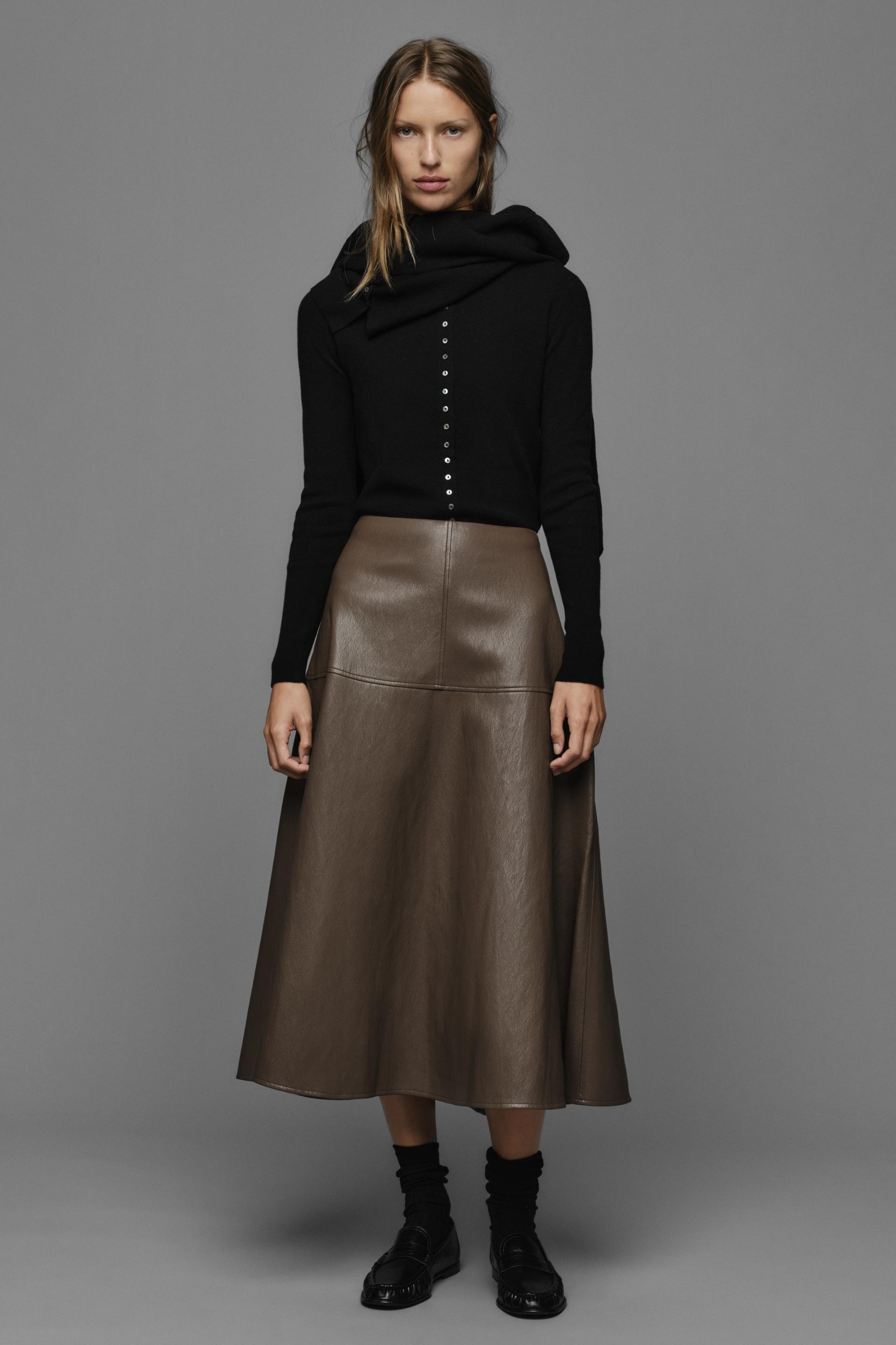 Leather-Effect Layered Midi Skirt - Brown / Taupe - Xs