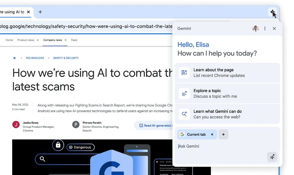 Gemini in Chrome is users new AI browsing assistant, capable of answering questions about a webpage or a video you're watching.