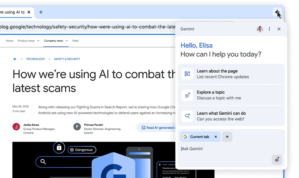 Gemini in Chrome is users new AI browsing assistant, capable of answering questions about a webpage or a video you're watching.
