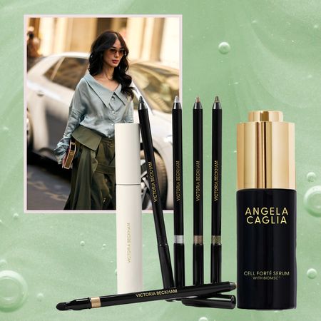 woman walking during fashion week on a green background with a collage of beauty products