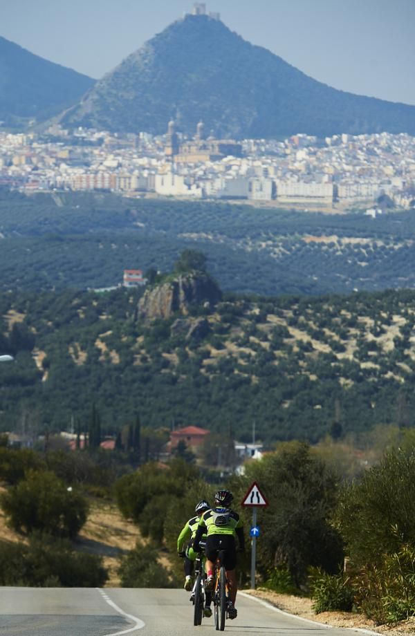 Two teammates on a paved section of the shortest stage of the Andalucia Bike Race.