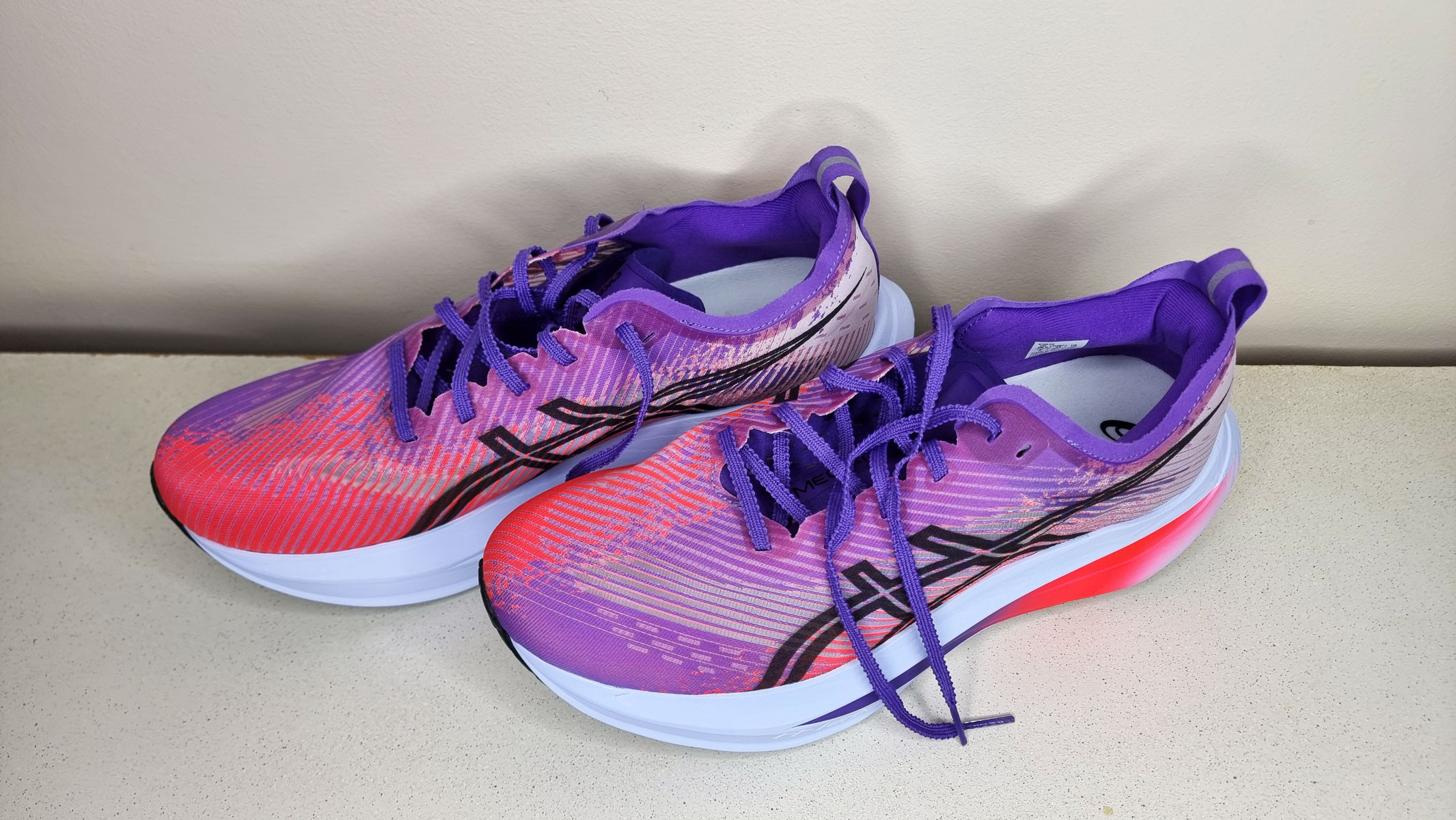 A close-up picture of our reviewer's Asics Megablast running shoes