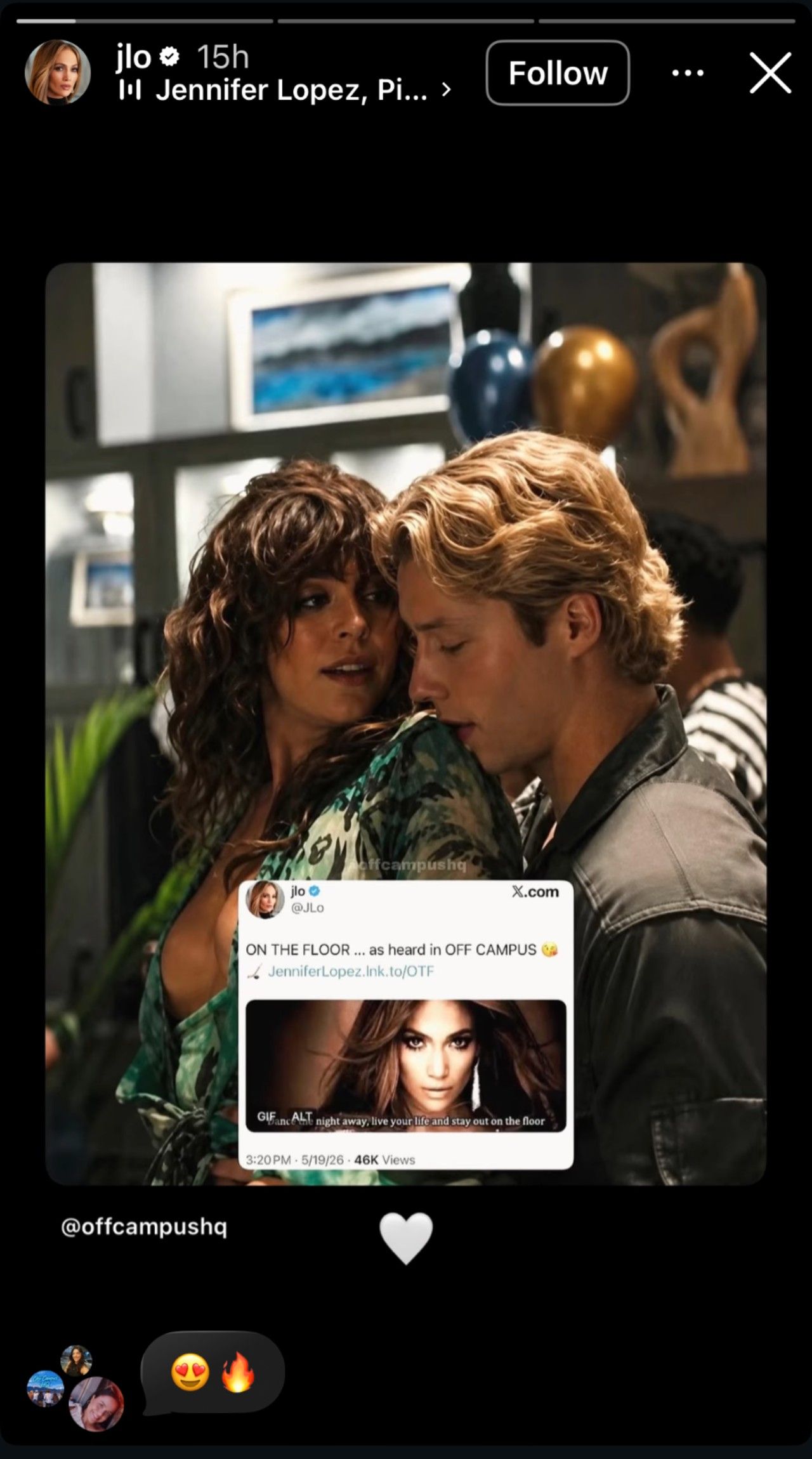 Jennifer Lopez reposting an image of Dean and Allie with her tweet about "On the Floor" as heard on Off Campus" with a white heart in the caption. 