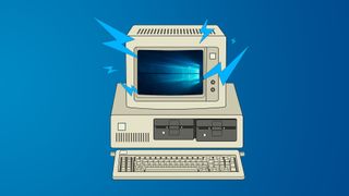 An illustration of an old PC with Windows 10's background on the screen.