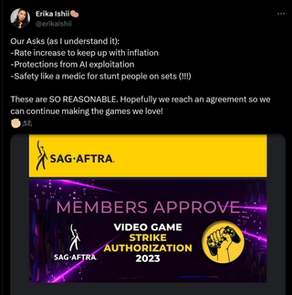 Our Asks (as I understand it): -Rate increase to keep up with inflation -Protections from AI exploitation -Safety like a medic for stunt people on sets (!!!) These are SO REASONABLE. Hopefully we reach an agreement so we can continue making the games we love! ✊🏼🎮