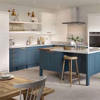 Two tone kitchen cabinet ideas with blue and cream kitchen