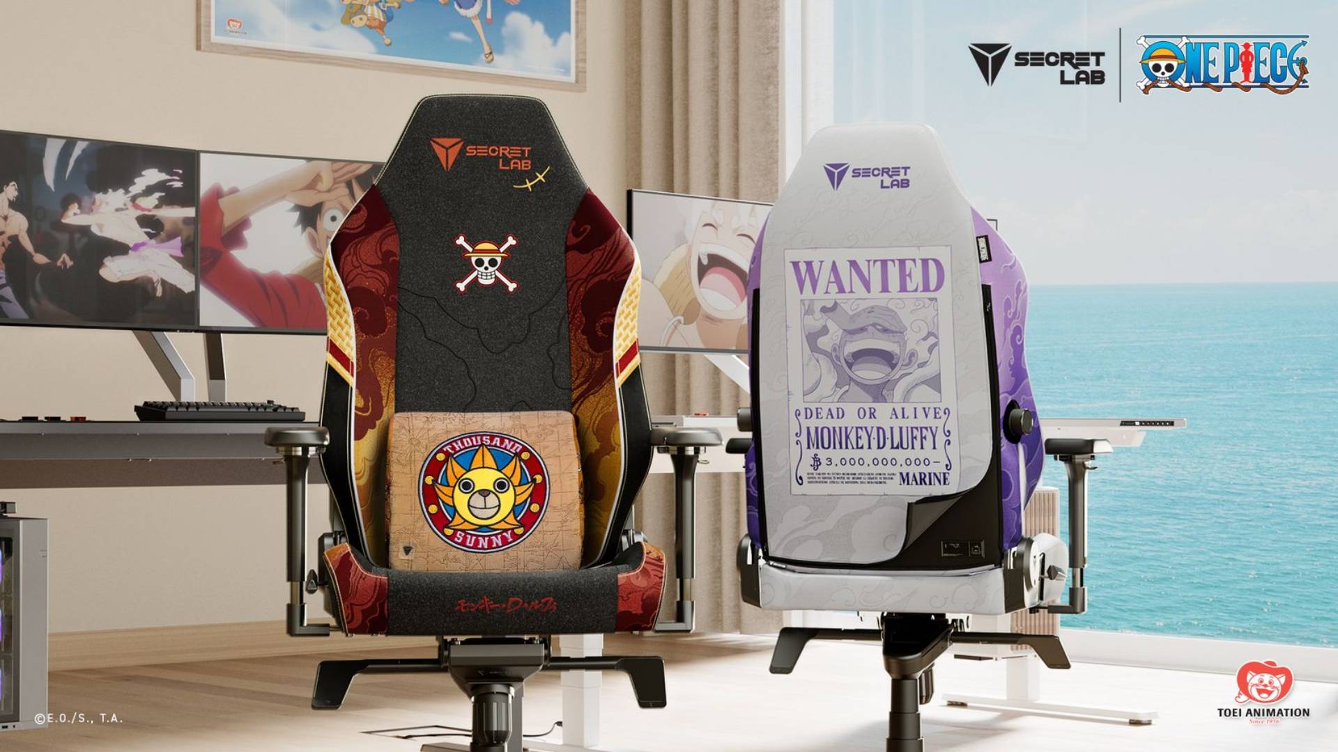 Official promo image provided by Secretlab showing the Luffy chair with the Thousand Sunny pillow, and the Luffy Gear 5 form chair skin to its right.